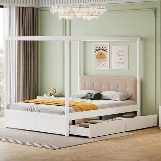 Houten Hemelbed 140x200 cm met Lattenbodem en Opbergruimte - Wit