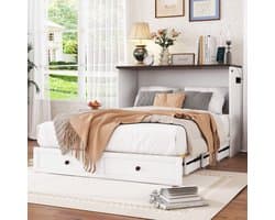 Wishdor - Opklapbed - 140x200 Cm - Met Ladesysteem En Usb - Met Laden En Hoofdeindeplank - Grenenhout En Mdf - Wit