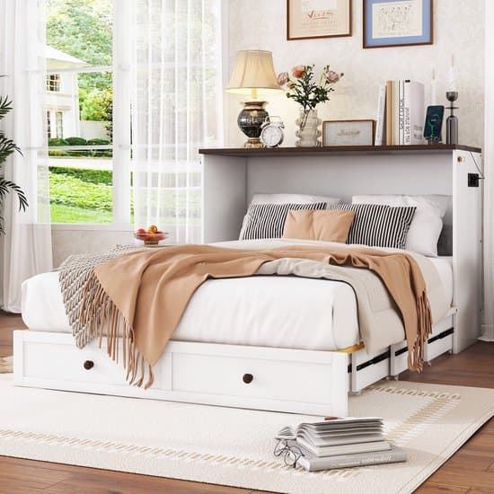 Wishdor - Opklapbed - 140x200 Cm - Met Ladesysteem En Usb - Met Laden En Hoofdeindeplank - Grenenhout En Mdf - Wit