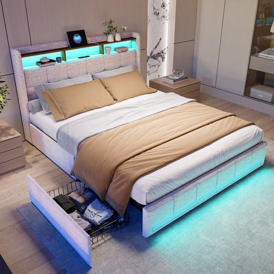 Gestoffeerd tweepersoonsbed 160x200 cm met LED en USB - Modern opbergbed met hoofdeinde, lattenbodem, 4 opberglades - Perfect voor volwassenen en tieners - Beige linnen (zonder matras)