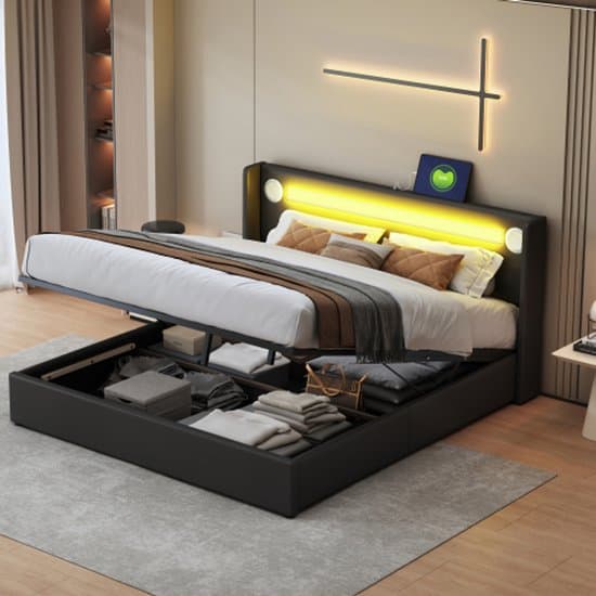 Gestoffeerd Ledikant 160x200 cm met LED-lichtstrip, Bluetooth-speler, USB-opladen en PU-leren Opbergbak – Tweepersoonsbed met Lattenbodem, Zwart