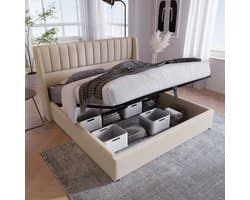 MIVRAY Gestoffeerd Opbergbed 140x200 Cm - Zonder Matras Met Hydraulische Lift En Lattenbodem - Groot Bedkist Voor Slaapkamer - Linnen - Beige