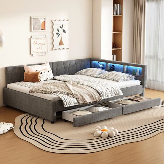 REDOM Bedbank – 140x200 cm – Met LED-licht, USB/Type-C & 2 lades – Linnen & MDF – Grijs