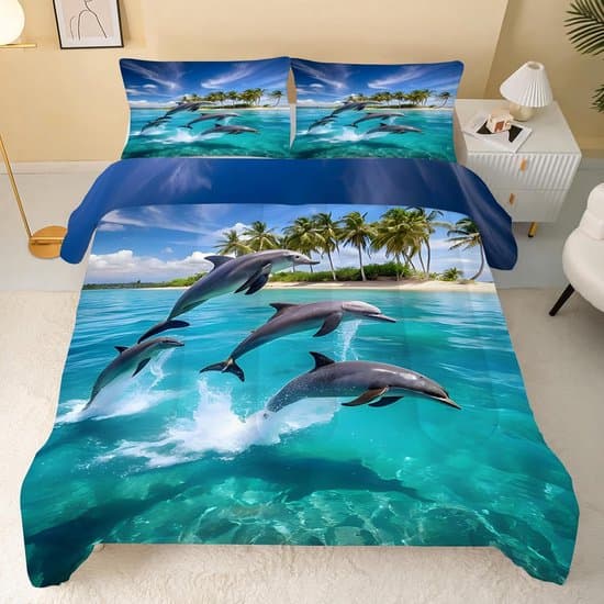 Dekbed Zonder Overtrek - Quilt Dekbed - Slaapcomfort Jaarrond - Omkeerbaar Zeeleven Patroon - Dubbel 200x200cm - Blauw