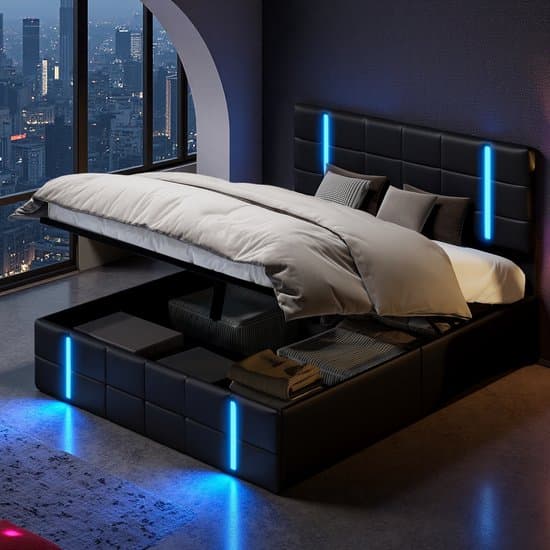 Tweepersoonsbed 140x200 cm in Zwart PU met LED, USB, Lattenbodem en Opbergruimte, Jeugd- & Slaapkamerbed
