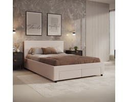 Meubella - Tweepersoonsbed Suente - Beige ribstof - 140x200 cm