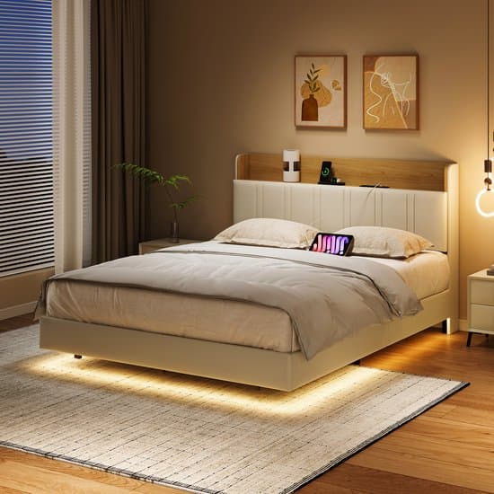 Tweepersoonsbed 140x190 cm - Zwevend Bed met USB-Aansluiting en LED-Verlichting, Opberghoofdeinde en Lattenbodem, Draagvermogen 350 kg, Wit PU-Leer