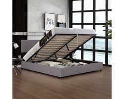 Tweepersoonsbed Juva met lattenbodem en opbergruimte 140x200 cm grijs Corium