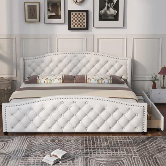 Gestoffeerd Bed - Tweepersoonsbed Met Laden - Slaapkamer Inrichten - Tijdloos Modern Design - 180 x 200 cm - Wit