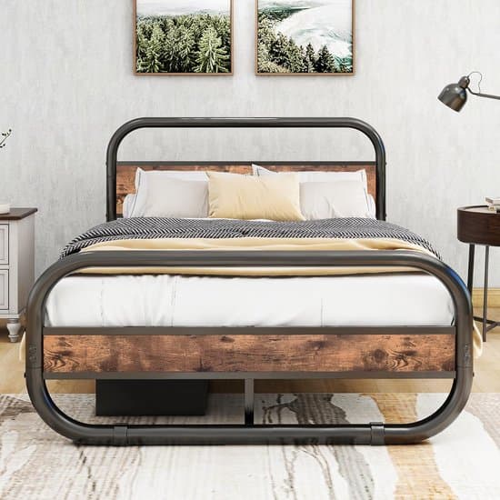 Bedframe 120x200 cm Metaal en Hout – Ovaal Vintage Platformbed met Opbergruimte, Hoofdeinde & Lattenbodem – Stabiel Squeakbestendig Tweepersoonsbed