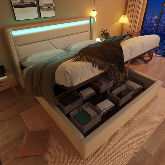 Tweepersoonsbed 140x200 cm met opbergruimte en ledstrip - Oxfordstof bevestigd aan het voeteneinde van het bed - PU-materiaal - Wit(Matras niet inbegrepen)