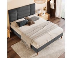 OKWISH Bekleed Bed 140x200 cm - 8 cm Comfort Hoofdeinde en Stevige Lattenbodem - Met Onderbed Opbergruimte 17 cm - Linnen - Grijs - Zonder matras