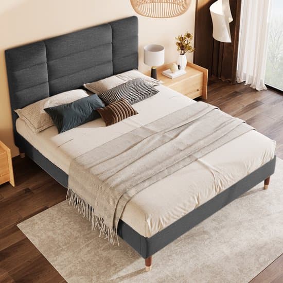 OKWISH Bekleed Bed 140x200 cm - 8 cm Comfort Hoofdeinde en Stevige Lattenbodem - Met Onderbed Opbergruimte 17 cm - Linnen - Grijs - Zonder matras