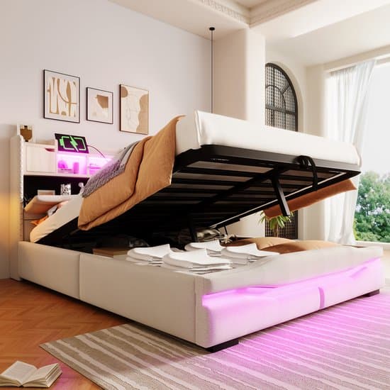 MODFU Ledikant 140x200 cm – Met hydraulische opbergruimte en LED – Linnen bekleding – Beige – App gestuurd