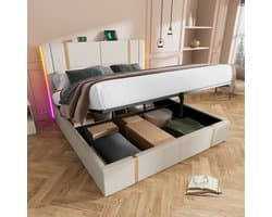 STILVORA Gestoffeerd Bed Tweepersoonsbedden - 140x200 cm - Boxspringbed Met Opbergruimte - LED Slaapkamerbed Met APP Bedienbaar - USB Type C Oplader - Linnenmateriaal - Beige
