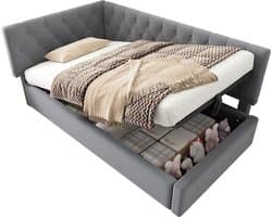 Wishdor - Bedbank - L-Vormig Ontwerp - Opbergruimte - Fluweel - Grijs - 90 x 200 cm