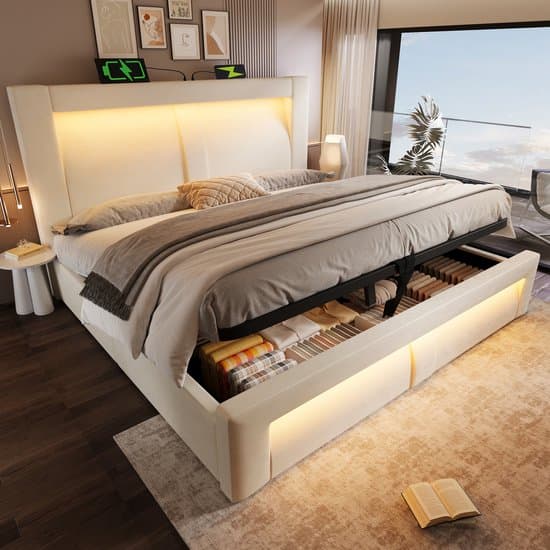 Wishdor – Tweepersoonsbed 160x200 cm – Hydraulische opbergruimte – Led, app & USB-C – Inclusief matras – Fluweel – Beige – De suite met alles erop en eraan
