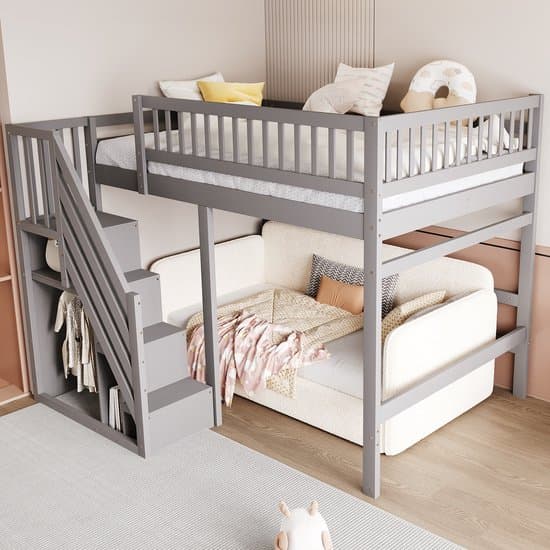 Wishdor Hoog Bedframe Met Opbergtrap En Hoog Hekwerk - Grenenhout, Multiplex En MDF - Grijs - 140 X 200 Cm