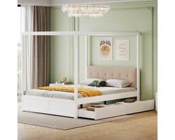 Hemelbed 140x200 cm met grote lade en zachte rugleuning - wit - zonder matras