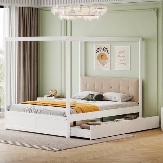 Hemelbed 140x200 cm met grote lade en zachte rugleuning - wit - zonder matras