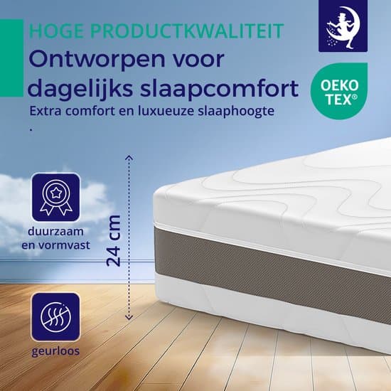Matras 140 x 200 cm - Hoogte 24cm - Pocketvering matras 140x200 met 7 zones - Ergonomisch – Gemiddeld