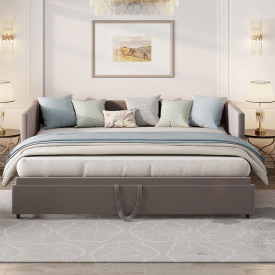 Slaapbank 90/180x200 cm – Uitschuifbaar Dagbed met Lattenbodem, 2-Persoons Logeerbed van Fluweelstof, Donkergrijs (Zonder Matras)