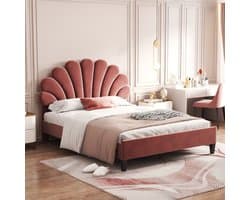 Gutent Tweepersoonsbed (Zonder matras), 140 x 200 cm, met Gebloemd hoofdeinde en lattenbodem, Velours stof, Bonenpasta rood