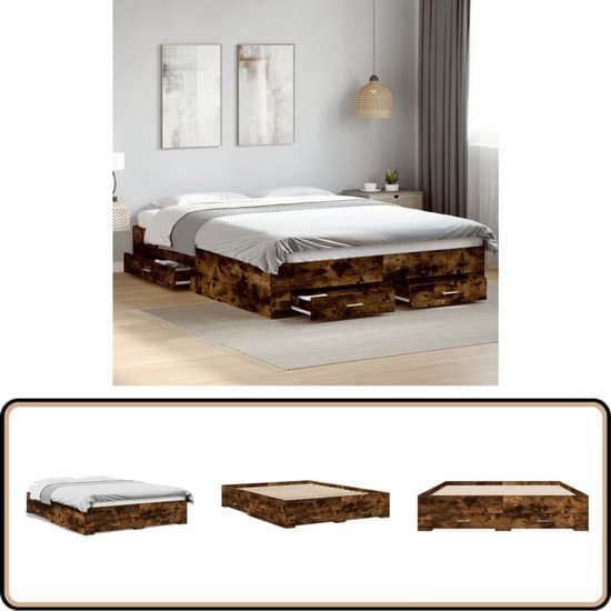 vidaXL - Bedframe - met - lades - bewerkt - hout - gerookt - eikenkleurig - 140x200 - cm