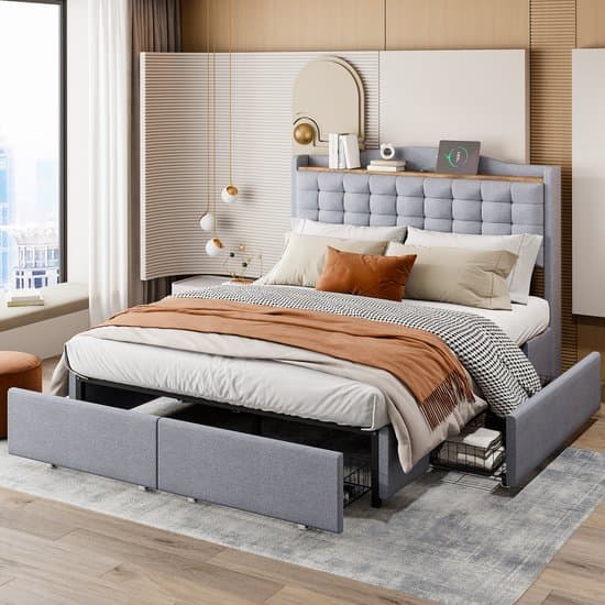 Wishdor – Gestoffeerd bed 140x200 cm – USB & opbergplank – 4 lades – Linnen grijs – Modern & opgeruimd