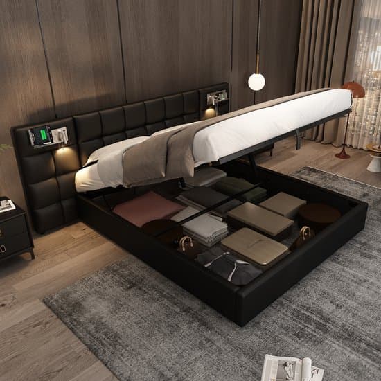 Gestoffeerd Bed - 180x200 cm - Hydraulisch met Draadloos Opladen - USB en LED - Kunstleer - Zwart