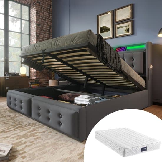 REDOM Opbergbed 140x200 cm – Katoen-linnen – Hydraulisch – LED & stopcontacten/USB – Incl. matras – Grijs – 300 kg