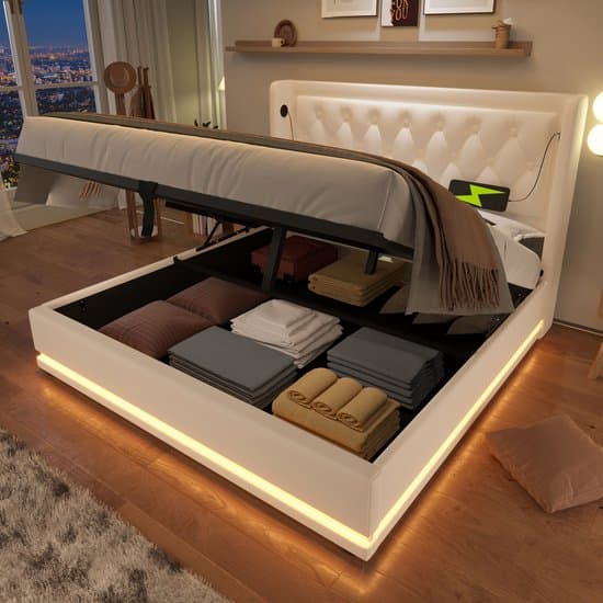 REDOM Opbergbed 180x200 cm – PU – Hydraulisch – 3-zijdige LED & USB/Type-C – Wit – 300 kg