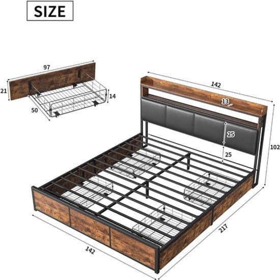 Tweepersoonsbed – Metalen Bed – Stalen Bedframe – Opberglades Bed – Logeerbed – 140x200 cm – USB-poort en LED-verlichting