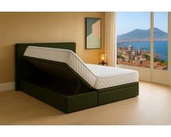 Boxspring Bed met Opbergruimte Napoli 180x200 cm donkergroen Luxe Pocketvering Matras Stof Gratis 2x Hoofdkussens