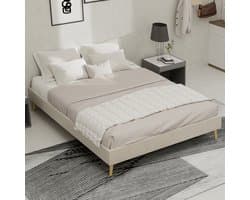 Wishdor - Bedframe - Dutch Velvet Met Nieten - Met Lattenbodem - Met Opbergruimte Onder Het Bed - Stof En Metaal - Beige - 140 X 200 Cm