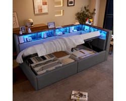 Daybed, slaapbank, 90 × 200 cm, USB + Type-C-poorten, hydraulische opbergfunctie, meerdere opbergvakken, met meerkleurige LED-lichtstrip, zonder matras, linnen, grijs