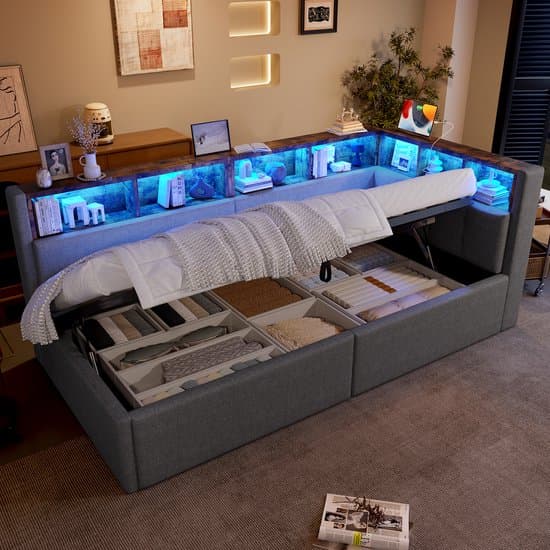 Daybed, slaapbank, 90 × 200 cm, USB + Type-C-poorten, hydraulische opbergfunctie, meerdere opbergvakken, met meerkleurige LED-lichtstrip, zonder matras, linnen, grijs