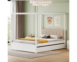 MODENUIT Hemelbed 140x200 cm – Tentstructuur met Gestoffeerde Rugleuning – 2 Laden – Zonder matras – Hout – Wit