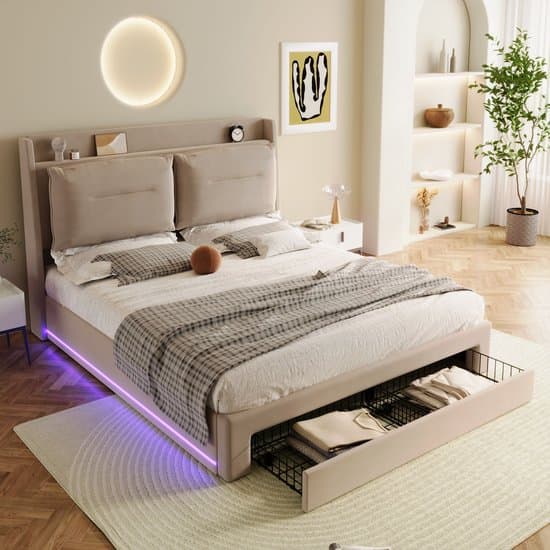 180x200 cm gestoffeerd bed - met LED-licht en lade - bedbodemframe - zonder matras - beige