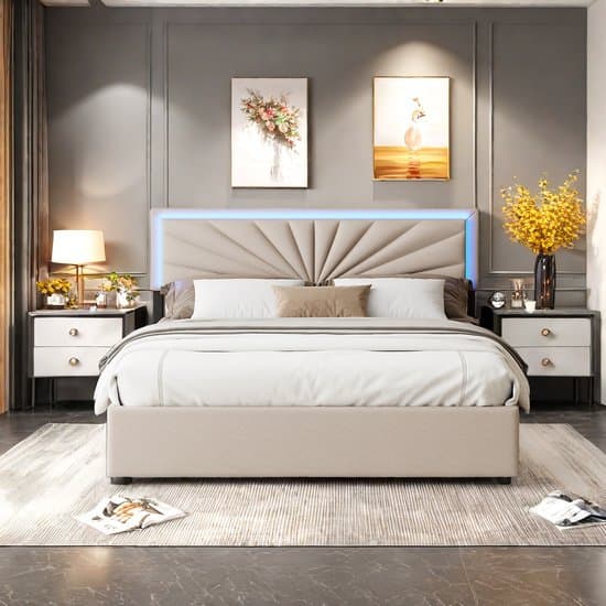 Tweepersoonsbed 160x200cm met LED & Verstelbaar Hoofdeinde, Gestoffeerd Bed met Lattenbodem en 4 Lade, Opbergbed van Linnen