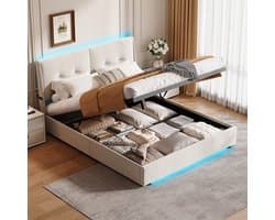Opbergbed 160x200 cm met LED, tweepersoonsbed met lattenbodem en opbergvak, minimalistische stijl voor tieners en volwassenen, zonder matras, beige fluweel