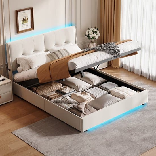 Opbergbed 160x200 cm met LED, tweepersoonsbed met lattenbodem en opbergvak, minimalistische stijl voor tieners en volwassenen, zonder matras, beige fluweel