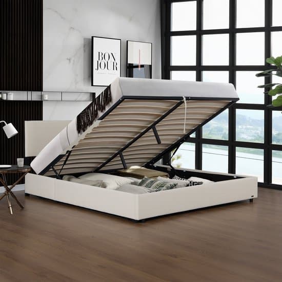 Tweepersoonsbed Juva met lattenbodem en opbergruimte 140x200 cm beige Corium