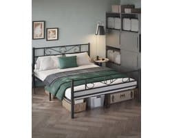 Zwart metalen bedframe - Ledikant met poedercoating - Stevig frame - Eenvoudige montage - 207,6 cm x 161,8 cm x 86 cm - 23,5 kg - 400 kg capaciteit