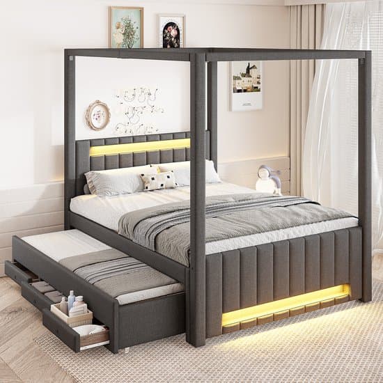 HAUSS SPOLE Hemelbed 140x200 cm - Gestoffeerd Bed Met Uitschuifbed, LED en 3 Laden - Zonder Matras - Linnen en MDF - Grijs