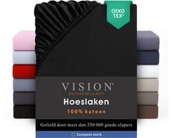 VISION Hoeslaken - 100% katoen - 180x200 cm met ruime hoek van 30cm - Geschikt voor boxspring matras - Zwart - Oekotex gecertificeerd