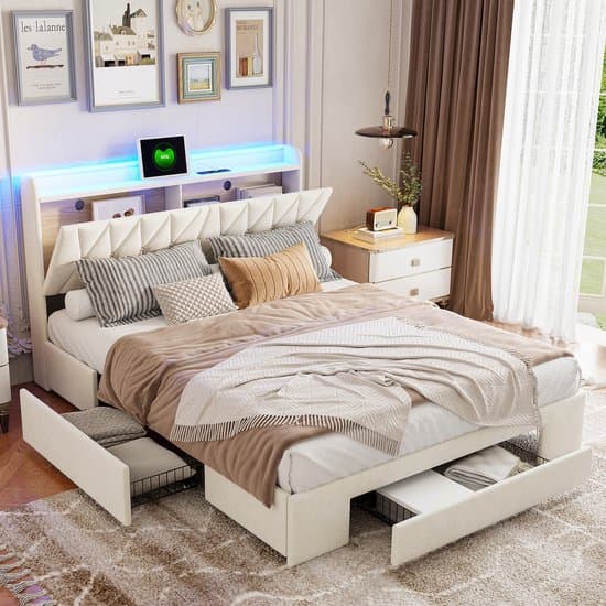 Tweepersoonsbed 160x200cm – Opbergbed met 3 Laden – Fluweel Beige – USB & LED Verlichting