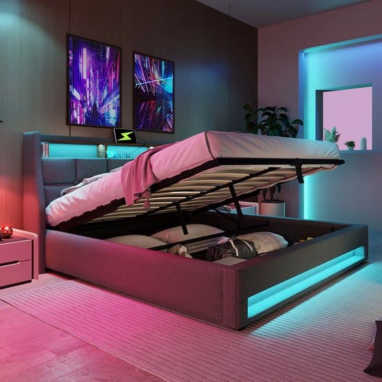KOMHTOM Tweepersoonsbed Bed volwassenen Gestoffeerd met USB LED bed met metalen lattenbodem 140x200 cm Grijs