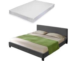 Houten bed stof bedbodem en matras 180x200 cm donkergrijs