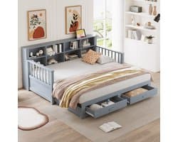 Wishdor - Uitschuifbare Slaapbank - Met Opbergruimte En Stopcontact - Multifunctioneel - Hout - Grijs - 90/180 X 190 Cm